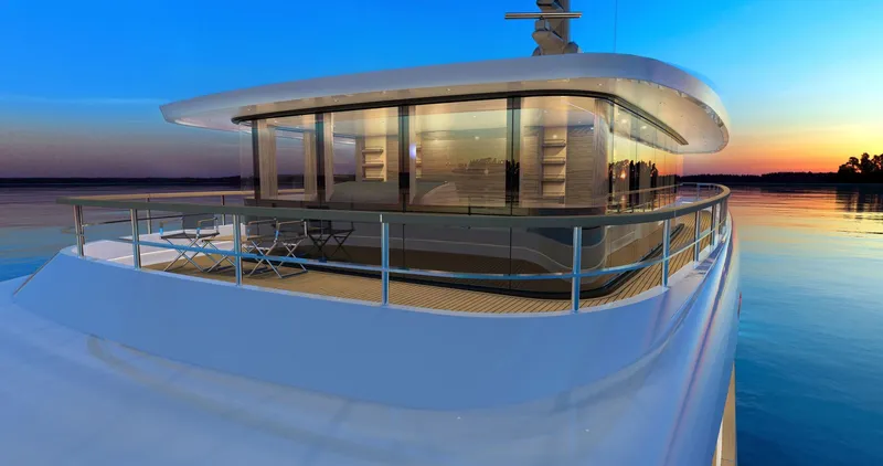 Slide: The Image of Luxurious 2026 Prime Megayacht NEXT at sunset, featuring sleek design and modern amenities. - 14
