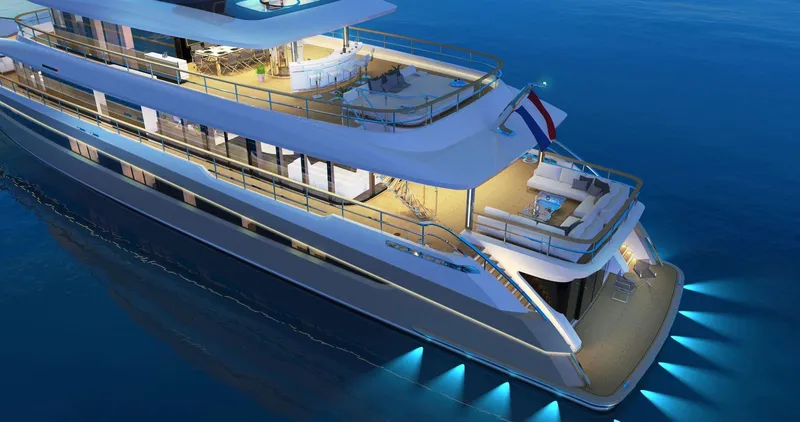 Slide: The Image of Luxurious 2026 Prime Megayacht NEXT with elegant lighting and spacious decks at sea. - 16
