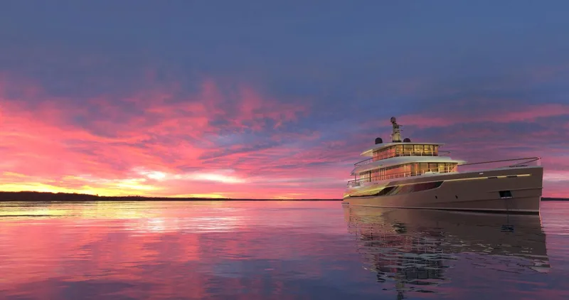 Slide: The Image of Luxurious 2026 Prime Megayacht NEXT at sunset on calm waters. - 17