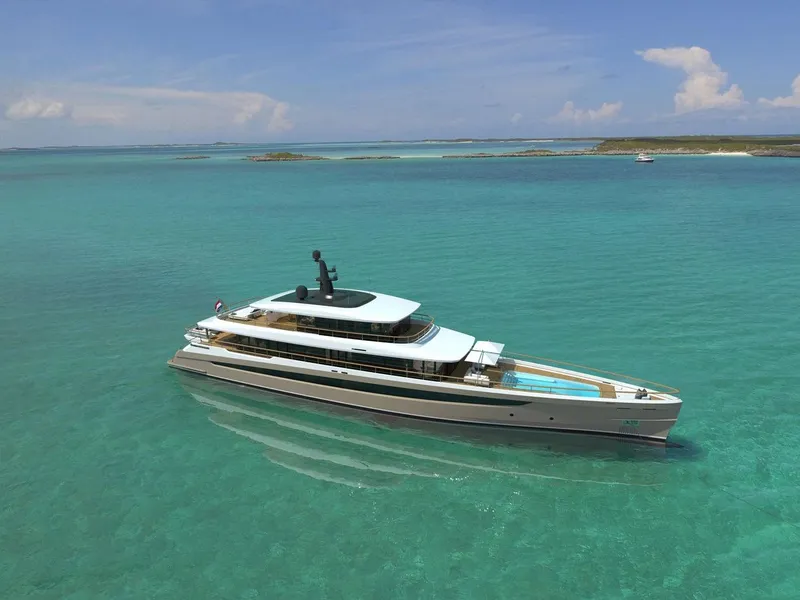 Slide: The Image of Luxurious 2026 Prime Megayacht NEXT cruising in clear turquoise waters. - 2