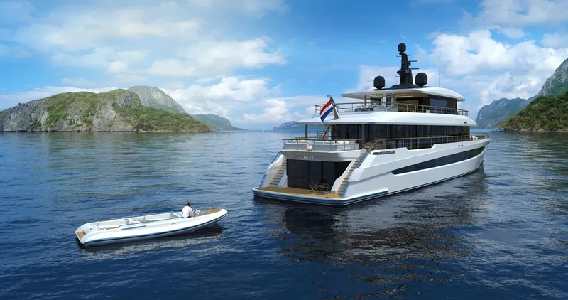 Slide: The Image of Luxurious 2026 Prime Megayacht NEXT in serene waters, with scenic island backdrop. - 6