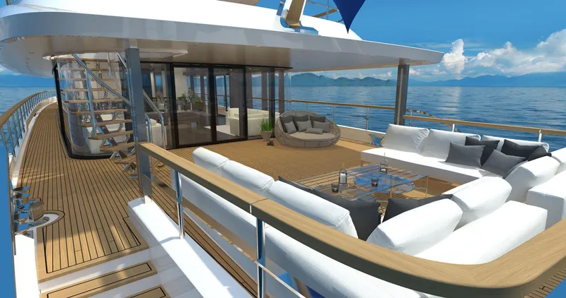 Slide: The Image of Luxurious 2026 Prime Megayacht NEXT with spacious deck and elegant seating area. - 9
