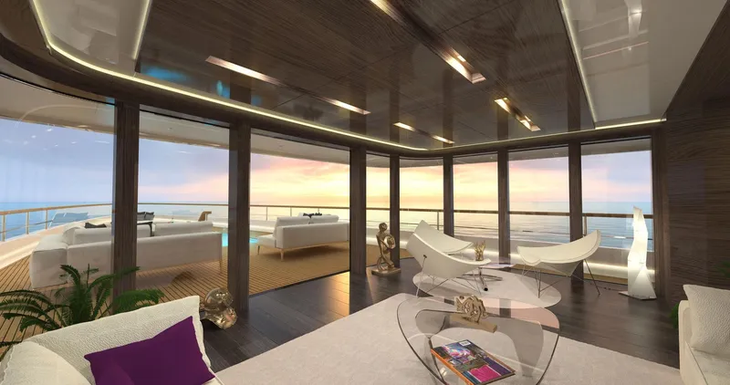 Slide: The Image of Luxurious yacht interior with modern design, panoramic ocean views, and elegant furnishings, Prime Megayacht PRISMA 2026. - 6