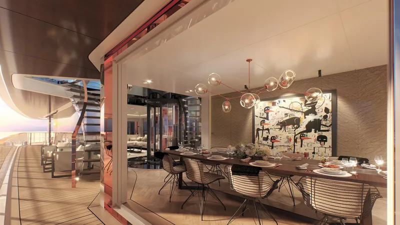 Slide: The Image of Luxurious dining area on 2026 Prime Megayacht Maharani, featuring elegant decor and modern art. - 25