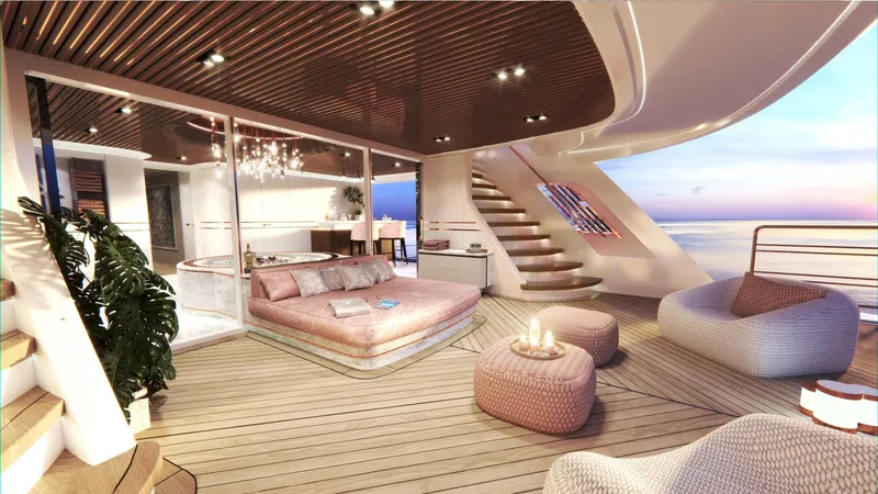 Slide: The Image of Luxurious 2026 Prime Megayacht Maharani deck with elegant seating and ocean view. - 28