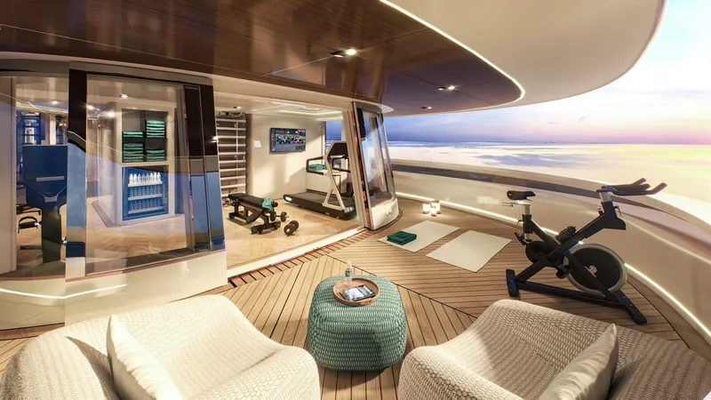 Slide: The Image of Luxurious 2026 Maharani yacht gym with ocean view, featuring exercise equipment and seating area. - 29