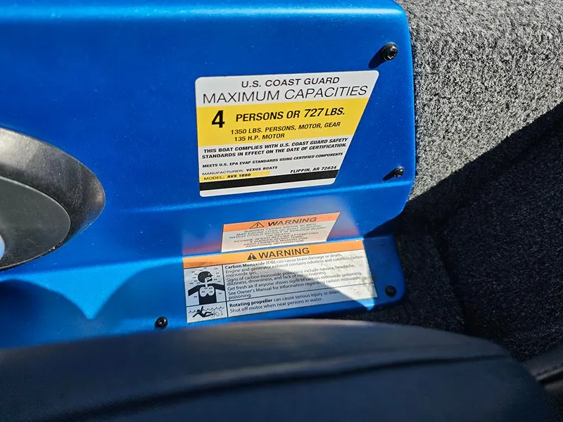 Slide: The Image of 2022 Vexus AVX1880 boat capacity label, U.S. Coast Guard maximum 4 persons or 727 lbs. - 14