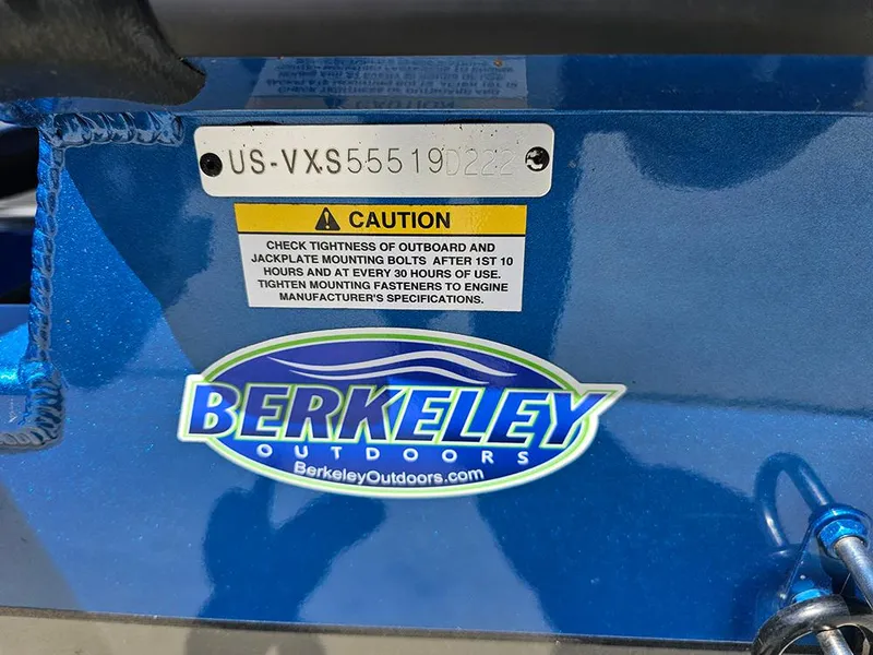 Slide: The Image of 2022 Vexus AVX1880 boat with caution label and Berkeley Outdoors logo. - 22