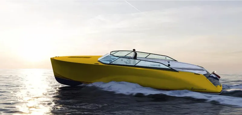Slide: The Image of Yellow Waterdream California 52XT yacht cruising at sunset, 2025 model. - 32