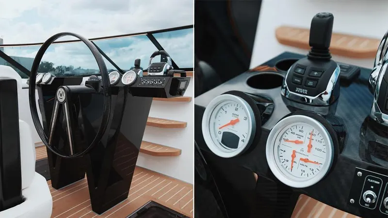Slide: The Image of Cockpit of 2025 Waterdream California 52XT Hardtop with steering wheel and control gauges. - 5