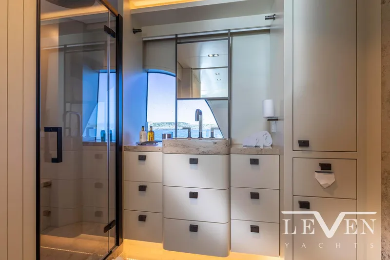 Slide: The Image of Luxurious bathroom interior of 2026 Van der Valk LeVen 90 yacht, featuring modern design and amenities. - 22
