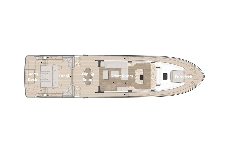 Slide: The Image of Top view layout of 2026 Van der Valk LeVen 90 yacht, featuring sports deck, lanai, dining room, great room, foredeck. - 29