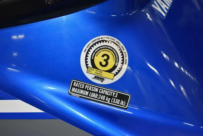 Slide: The Image of 2017 Yamaha WaveRunner GP1800, blue, rated for 3 people, maximum load 240 kg (530 lb). - 11