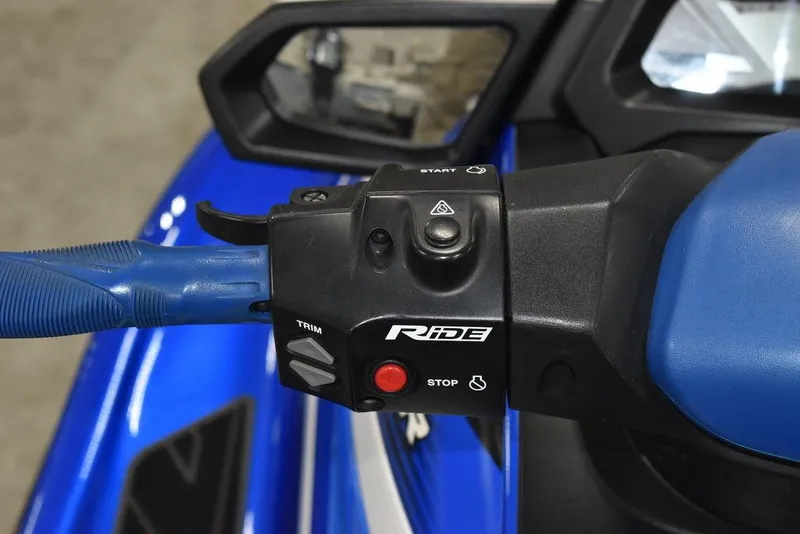 Slide: The Image of 2017 Yamaha WaveRunner GP1800 handlebar controls with blue accents and Ride system. - 14