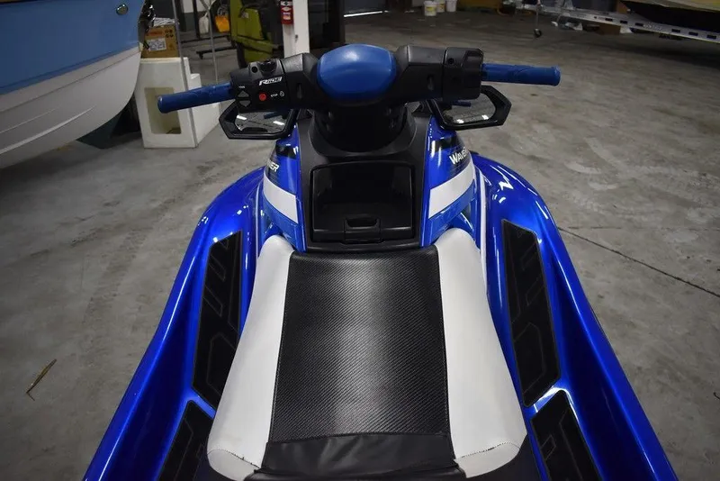 Slide: The Image of 2017 Yamaha WaveRunner GP1800, blue and white, parked indoors, view from seat. - 21