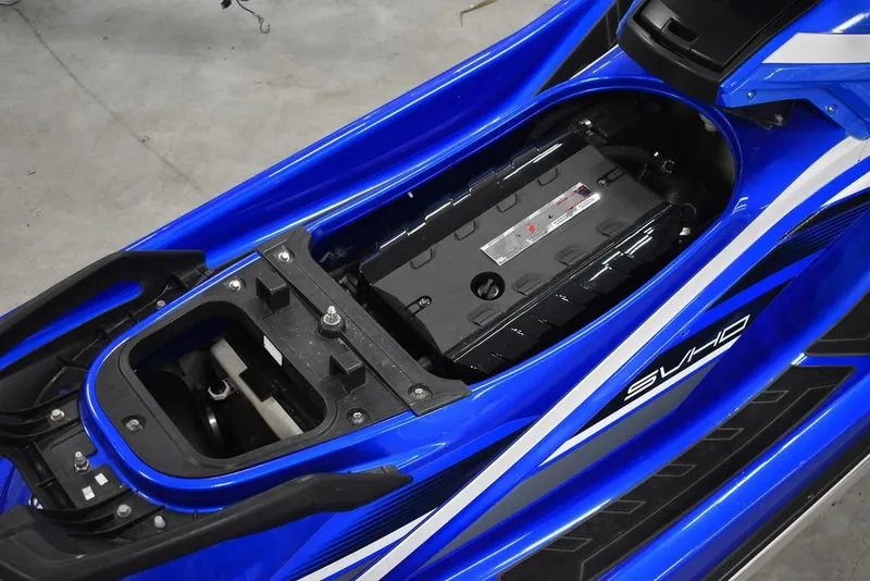 Slide: The Image of 2017 Yamaha WaveRunner GP1800 engine compartment, blue exterior, open view. - 23
