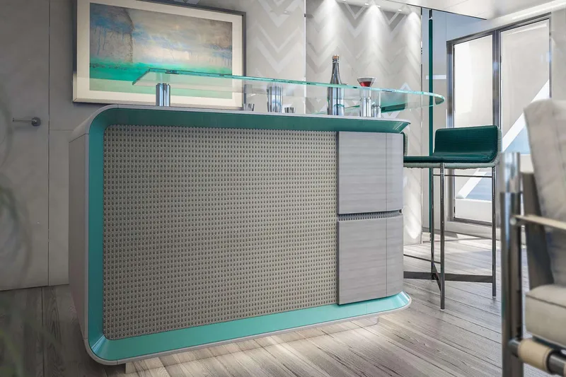 Slide: The Image of Modern yacht interior with stylish bar area, featuring sleek design and contemporary decor. Van der Valk Pilot 26m, 2027. - 11