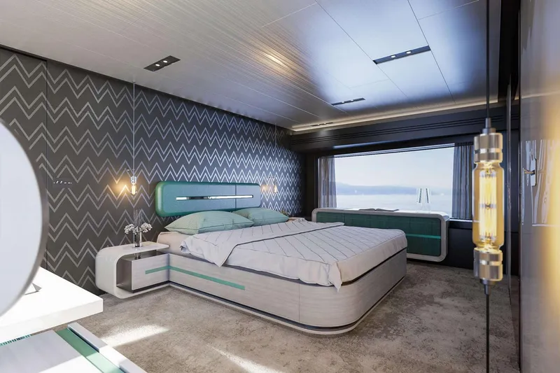 Slide: The Image of Luxurious bedroom in 2027 Van der Valk Pilot 26m yacht with modern design and ocean view. - 12