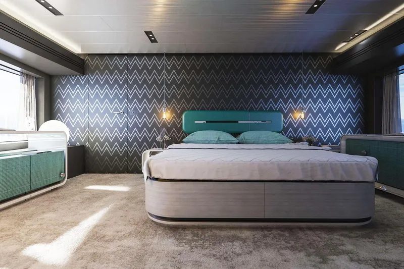 Slide: The Image of Luxurious bedroom in 2027 Van der Valk Pilot 26m yacht with modern decor and chevron wallpaper. - 13