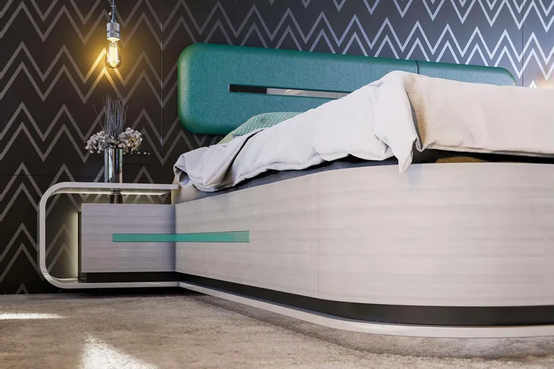 Slide: The Image of Modern bedroom interior with stylish bed, geometric wallpaper, and elegant lighting on Van der Valk Pilot 26m yacht. - 15