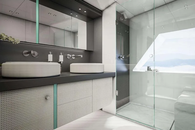 Slide: The Image of Luxurious bathroom in 2027 Van der Valk Pilot 26m yacht with modern fixtures and glass shower. - 16