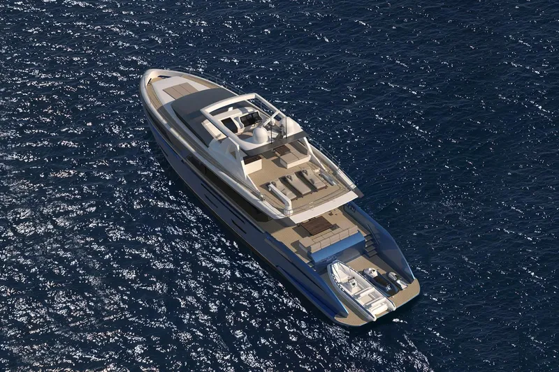 Slide: The Image of Luxurious Van der Valk Pilot 26m yacht cruising on open sea, 2027 model. - 2