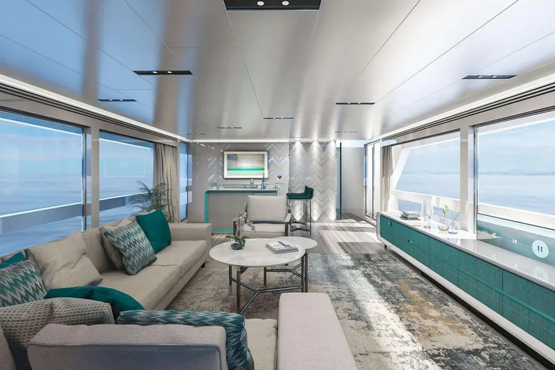 Slide: The Image of Luxurious interior of 2027 Van der Valk Pilot 26m yacht with modern furnishings and ocean views. - 3