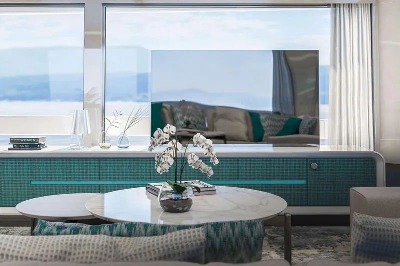 Slide: The Image of Luxurious interior of 2027 Van der Valk Pilot 26m yacht with elegant decor and scenic views. - 8
