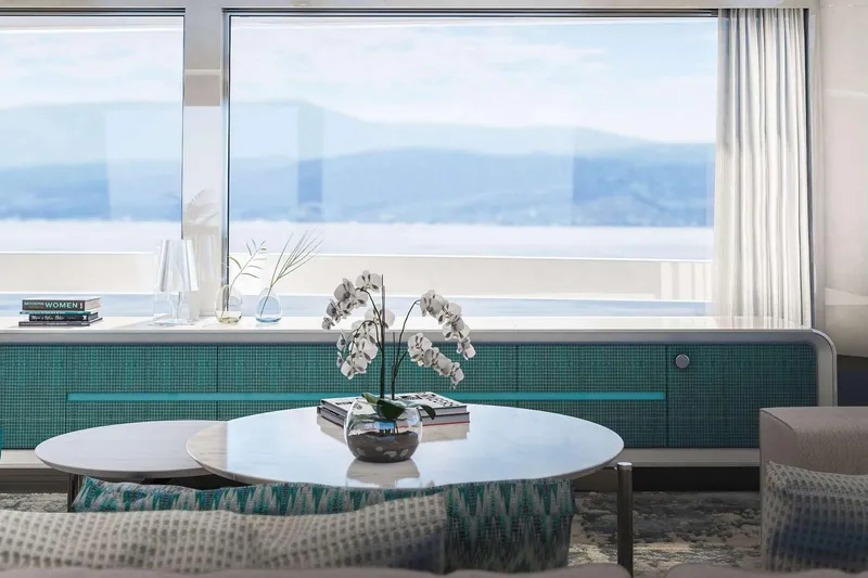 Slide: The Image of Luxurious interior of 2027 Van der Valk Pilot 26m yacht with elegant decor and scenic view. - 9