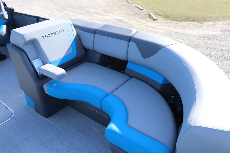 Slide: The Image of 2025 Trifecta 23 ULE boat seating with blue and gray upholstery, showcasing modern design. - 4