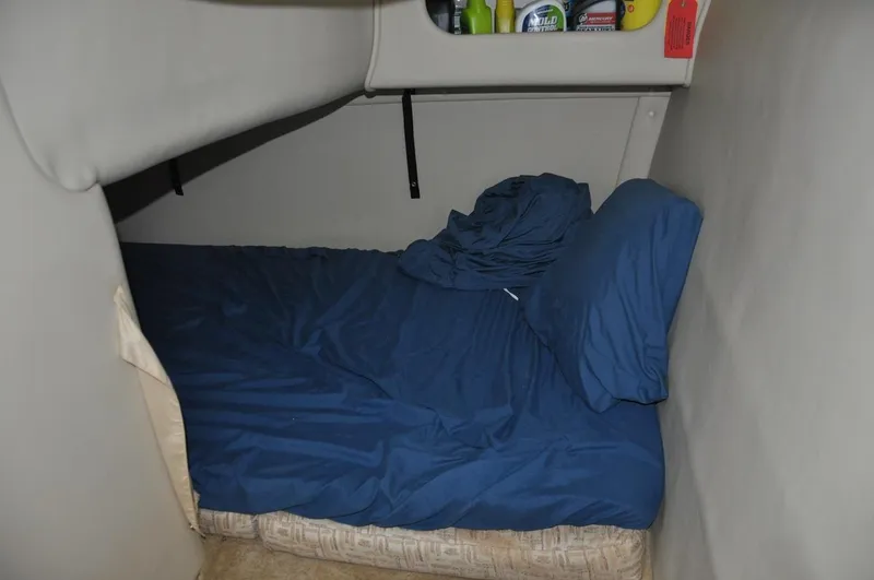 Slide: The Image of 2008 Monterey 270 Cruiser cabin with blue bedding and storage shelf. - 19