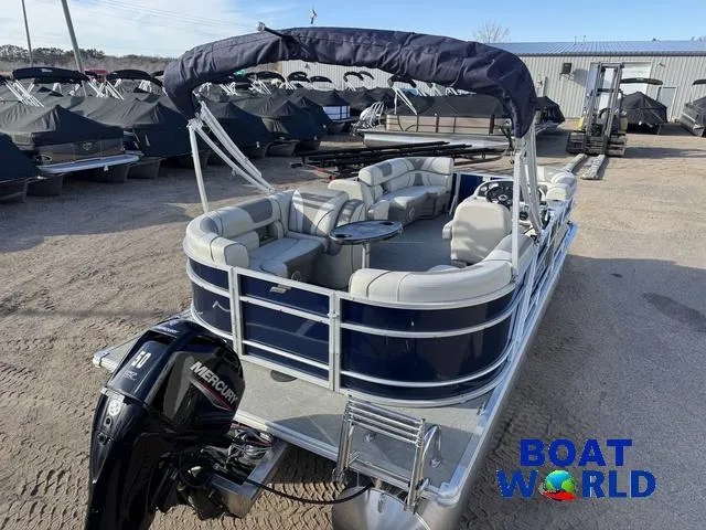 Slide: The Image of 2021 Starcraft EX 20 R Pontoon boat with Mercury engine, displayed at Boat World dealership. - 6