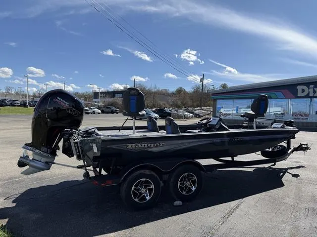 Slide: The Image of 2025 Ranger RT198P boat with motor, parked outdoors under a clear blue sky. - 5