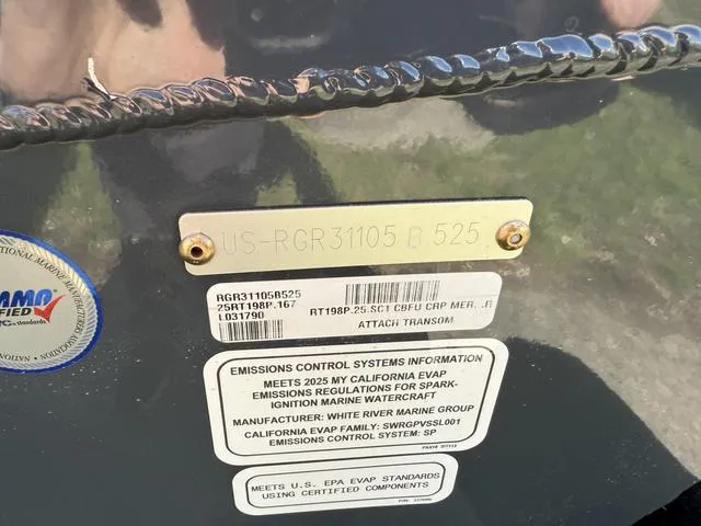 Slide: The Image of 2025 Ranger RT198P boat with emissions control information and identification plate. - 7