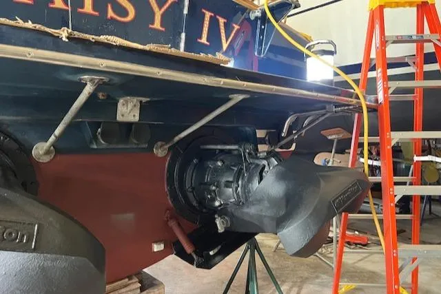 Slide: The Image of 2001 Little Harbor WhisperJet 44 boat under maintenance in a workshop. - 10