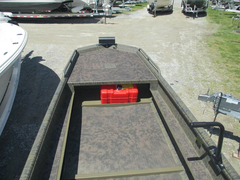 Slide: The Image of 2025 Gator Tail 1750 Savage boat with camouflage interior and red fuel tank. - 5