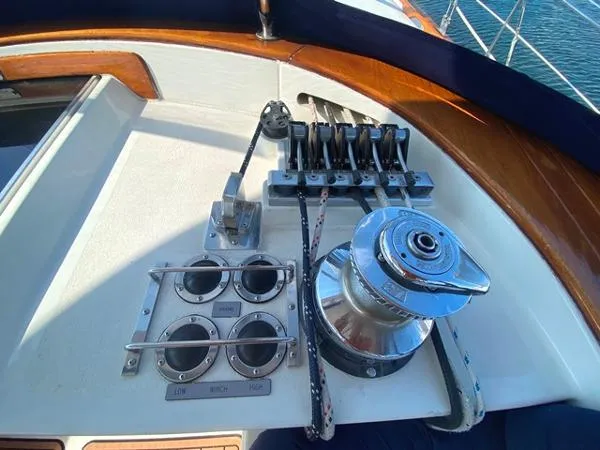Slide: The Image of Sailing yacht Irwin 54 (1989) deck controls and winch in sunlight. - 23
