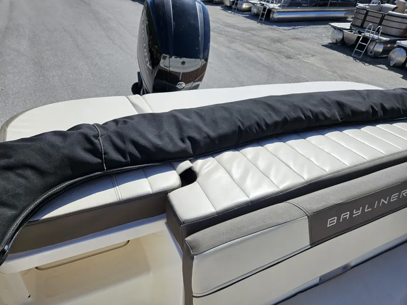 Slide: The Image of 2019 Bayliner VF5 boat with cushioned seating and outboard motor. - 12