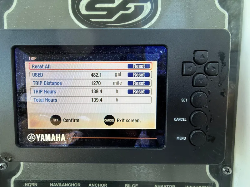 Slide: The Image of Yamaha display on 2020 Sea Fox 226 Traveler showing trip data and reset options. - 5