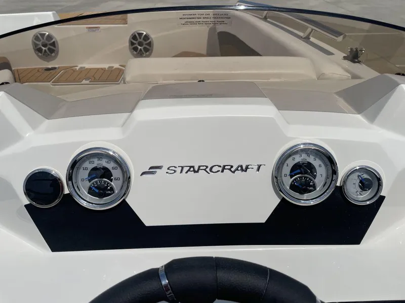 Slide: The Image of Dashboard of 2025 Starcraft SVX 171 OB boat with gauges and logo. - 8