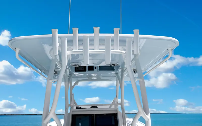 Slide: The Image of 2019 Yellowfin 36 boat with T-top against a clear blue sky. - 22