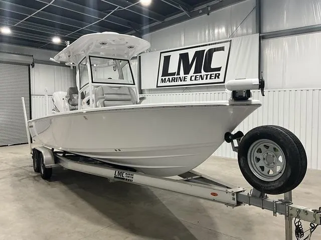 Slide: The Image of 2020 Sportsman Masters 267OE boat on trailer at LMC Marine Center. - 6