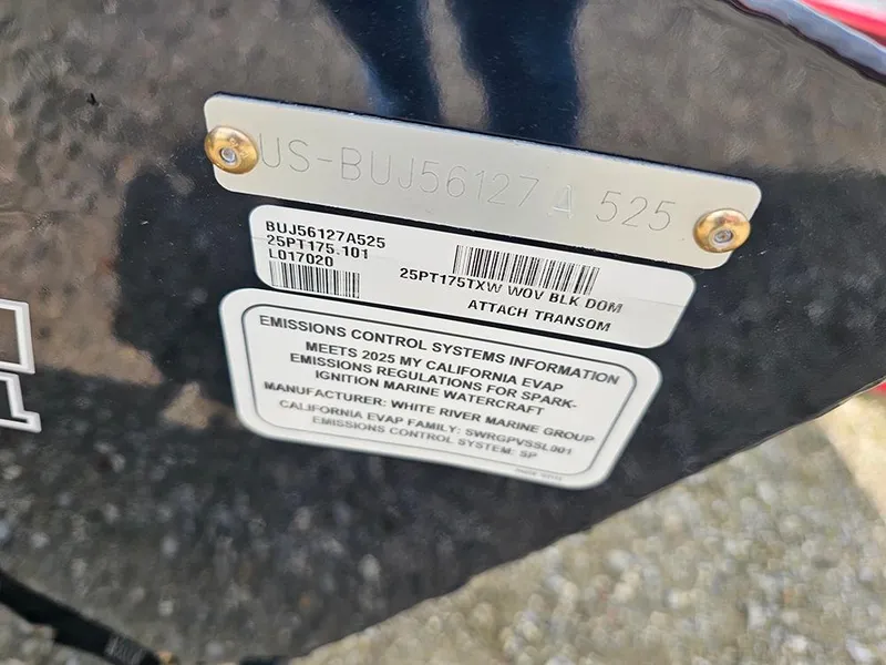 Slide: The Image of 2025 Tracker Pro Team 175 boat identification and emissions control information plate. - 19
