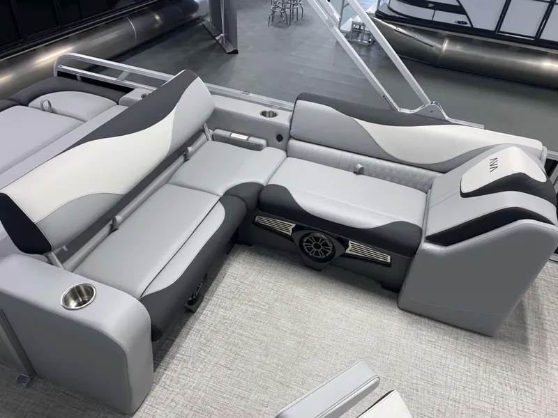 Slide: The Image of Luxurious seating on 2025 Avalon LSZ 2385 VRB Tritoon, featuring sleek gray and white upholstery. - 5