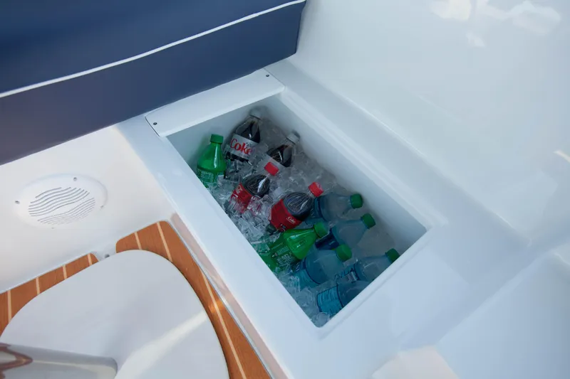 Slide: The Image of Built-in cooler with drinks on a 2022 Duffy Back Bay 16 boat. - 15