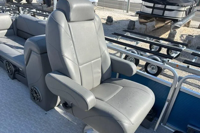 Slide: The Image of Luxurious seating on 2020 Tahoe Pontoon GT Quad Lounger 23' boat, featuring plush gray upholstery. - 6