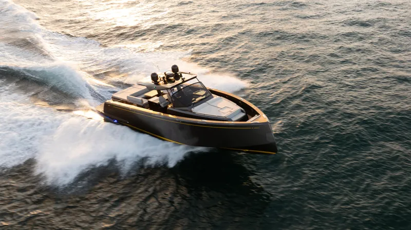 Slide: The Image of 2023 Pardo Yachts P50 cruising on open water at sunset. - 6