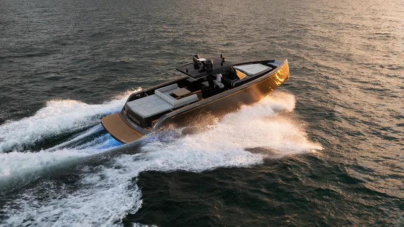 Slide: The Image of 2023 Pardo Yachts P50 cruising on open water at sunset. - 2