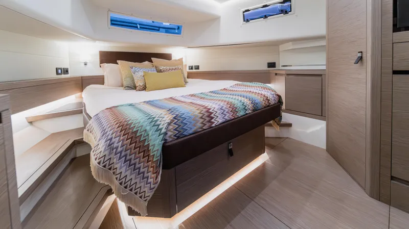 Slide: The Image of Luxurious cabin interior of 2023 Pardo Yachts P50 with modern design and cozy bedding. - 32
