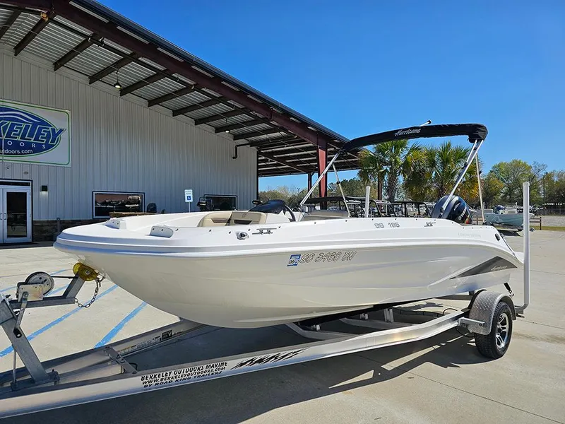 Slide: The Image of 2020 Hurricane SunDeck Sport 185 OB boat on trailer outside dealership. - 1